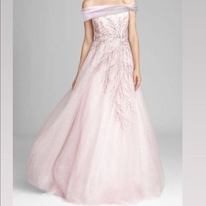 Teri Jon off shoulder prom / wedding / evening dress metallic blush gown size 4